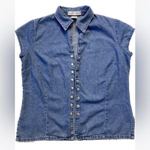 A11 Maggie Max Pearl Snap Button Up Shirt VTG Cap Sleeve Top Denim Blue Jean PS